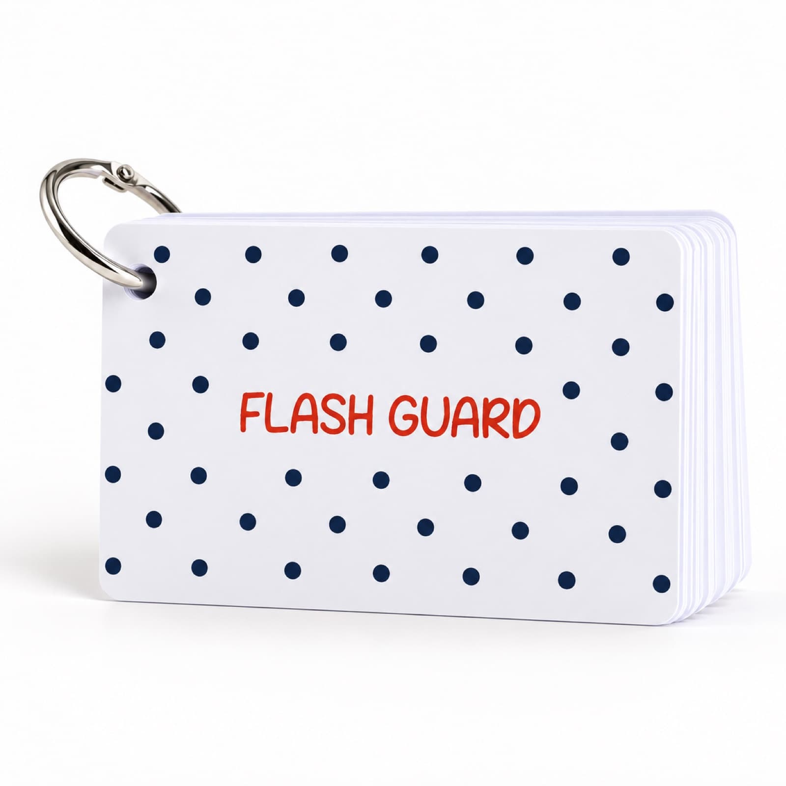 Flash Guard cards on a metal ring with a white dotted cover
