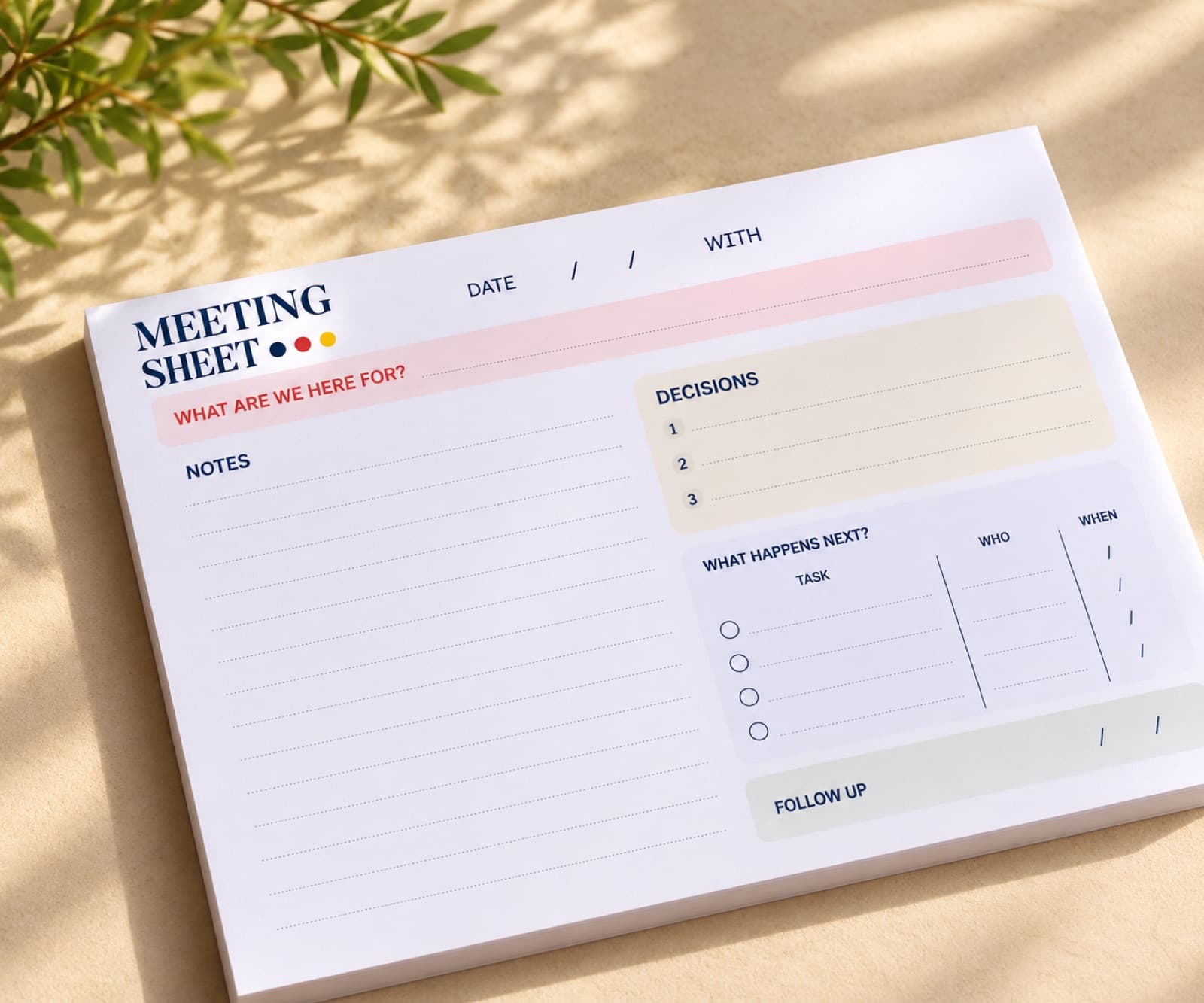 Meeting Sheet desk pad with notes, decisions, and What Happens Next sections
