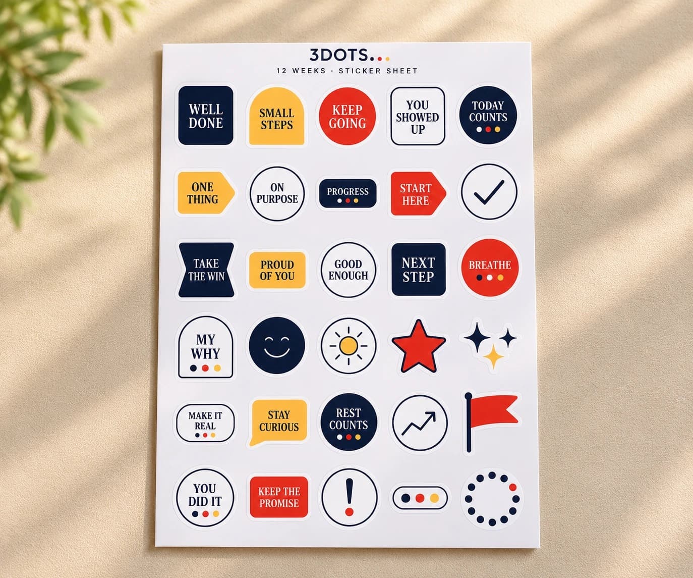 3DOTS 12 Weeks sticker sheet with navy, red, and yellow stickers such as Well Done, Small Steps, Keep Going, and Next Step