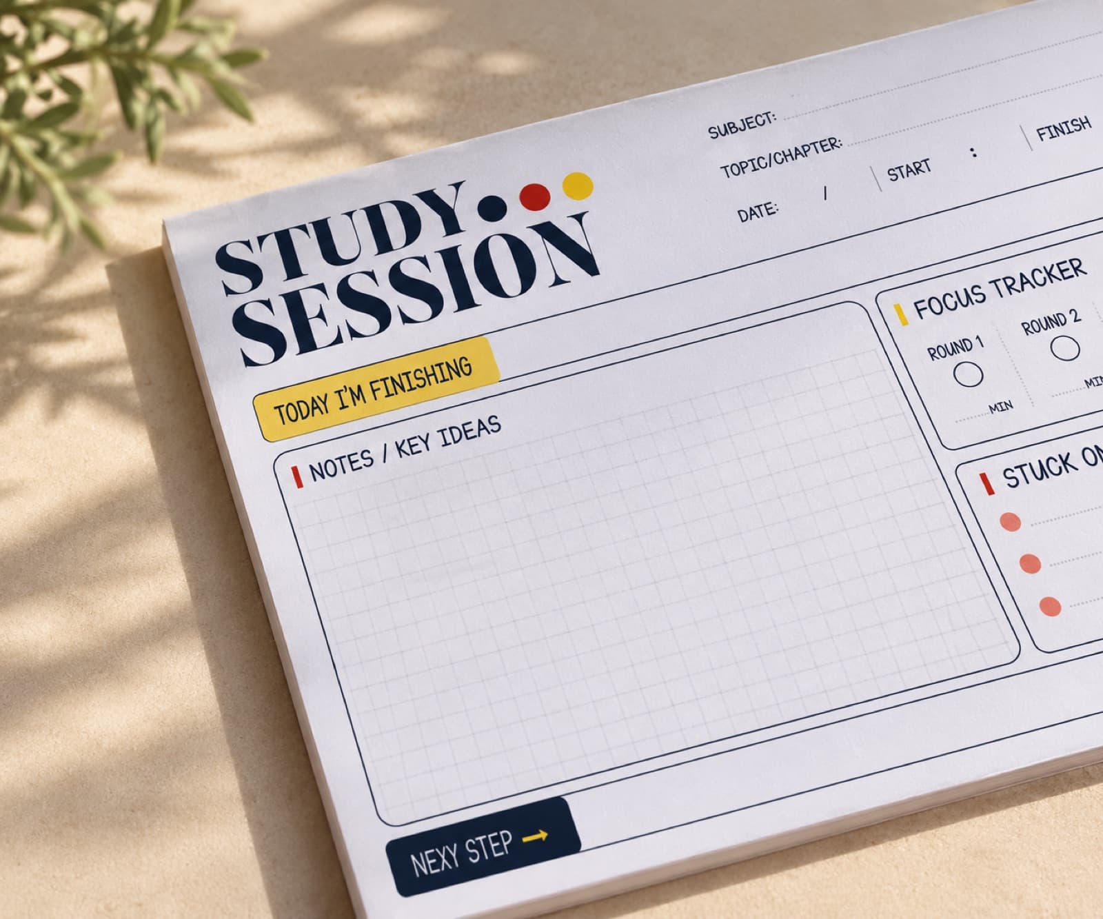 Study Session desk pad with notes, focus tracker, and Stuck On This sections